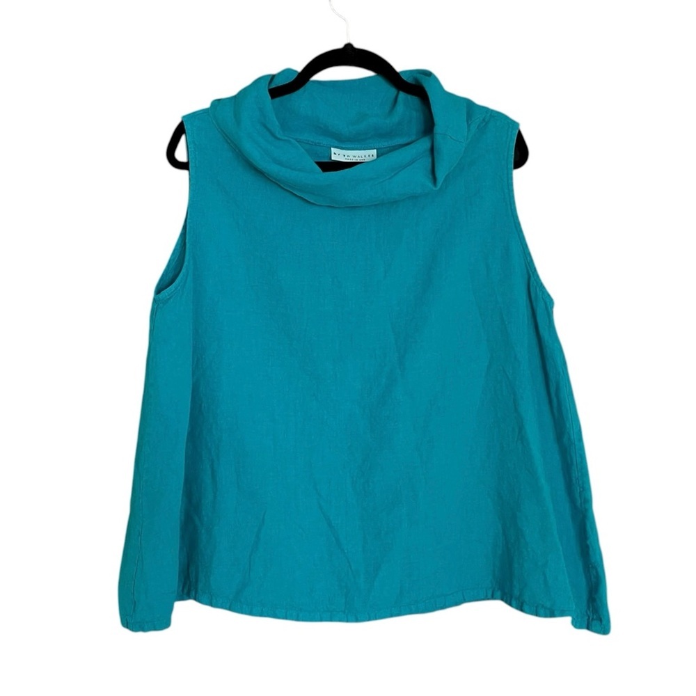 Bryn Walker Linen Lagenlook Cowl Neck Sleeveless Blouse Teal Medium